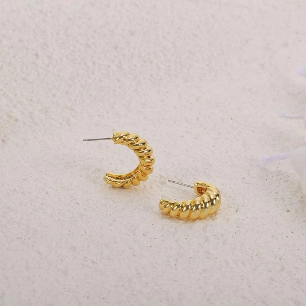 New 18k Gold Plated Twist Puffed Small Hoop Push Back Stud Minimalist Earrings